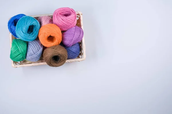 Basket Full Colorful Yarn Rolls Isolated White Background Free Space — Stock Photo, Image