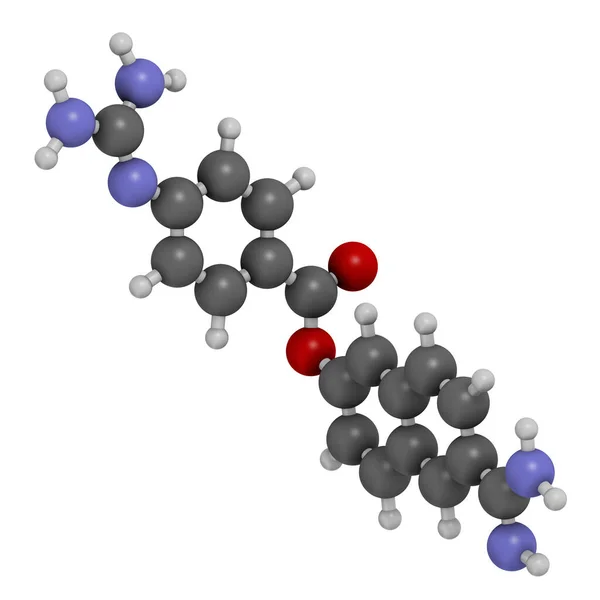 Nafamostate Molécula Droga Inibidor Serina Protease Renderização Átomos São Representados — Fotografia de Stock