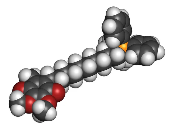 三氯喹酮或Mitoq分子 3D渲染 原子被表示为具有常规颜色编码的球体 — 图库照片