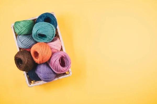 Basket Full Colorful Yarn Rolls Isolated Yellow Background Free Space — Stock Photo, Image