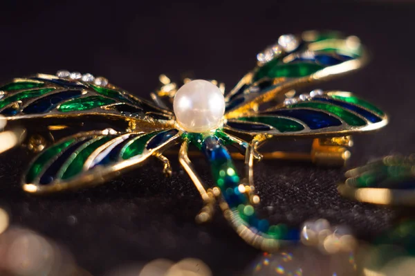 多彩的昆虫胸针的软焦点 有一颗漂亮的珍珠 — 图库照片