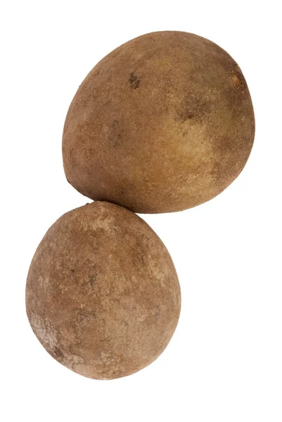 Sapodilla Pruim Met Snijwond Geïsoleerd Wit Manilkara Zapota Guatemala — Stockfoto