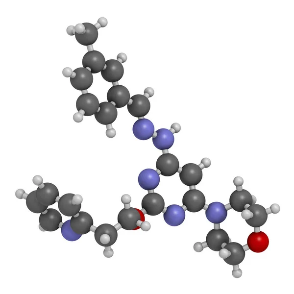 Apilimod Drug Molecule Pikfyve Inhibitor 렌더링 원자는구 표현되어 있습니다 — 스톡 사진