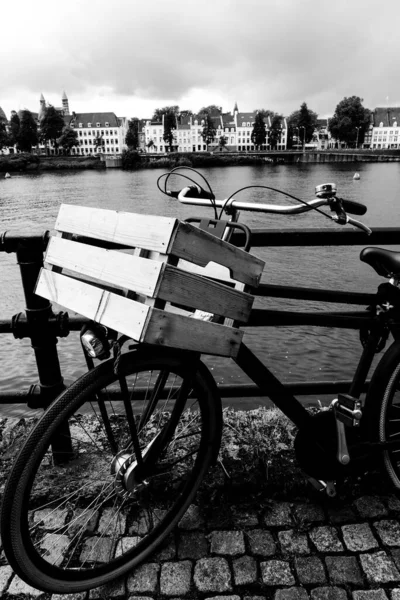 在人行道上的自行车上的一个木制箱子的一个垂直灰度的镜头 — 图库照片