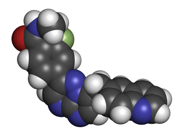 カプマチニブがん薬分子 Met阻害剤 3Dレンダリング 原子は従来のカラーコーディングを持つ球として表されます — ストック写真