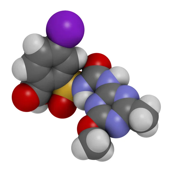 Jodosulfuron Herbicidmolekyl Återgivning Atomer Representeras Som Sfärer Med Konventionell Färgkodning — Stockfoto