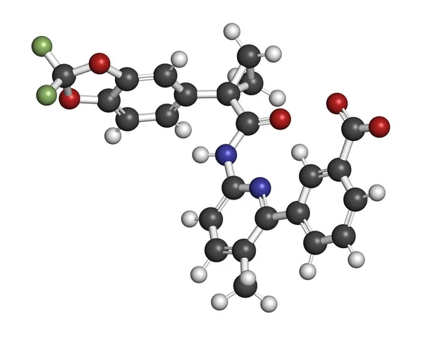 Lumacaftor囊性纤维化药物分子 3D渲染 原子被表示为具有常规颜色编码的球体 — 图库照片