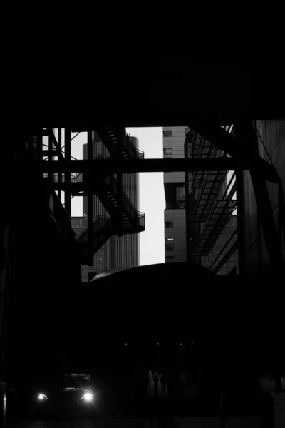 Vertical Greyscale Shot Metal Staircases Buildings — Stock Photo, Image