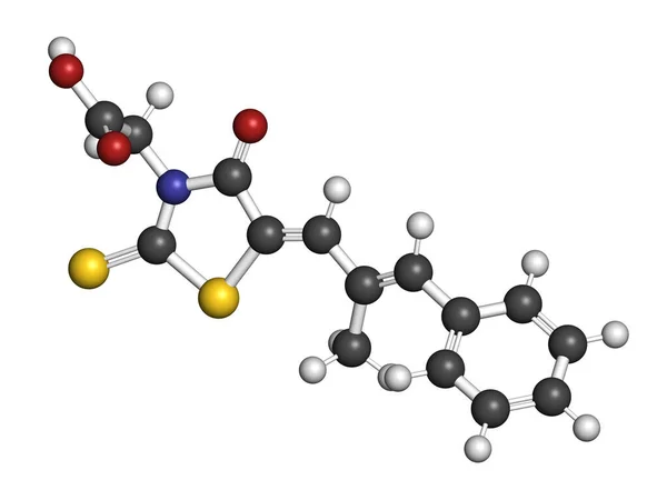 Epalrestat糖尿病神经病变药物分子 铝剂量还原酶抑制剂 3D渲染 原子被表示为具有常规色彩的球体 — 图库照片
