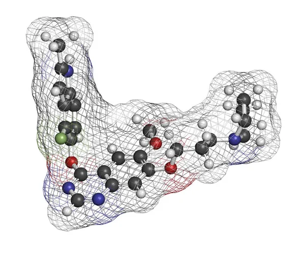Cediranib癌症药物分子 3D渲染 原子被表示为具有常规颜色编码的球体 — 图库照片