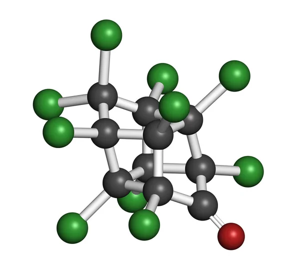 十氯酮或开蓬杀虫剂分子 3D渲染 原子被表示为具有常规颜色编码的球体 — 图库照片