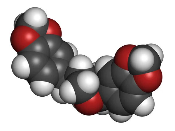 セサミン分子 ゴマ油にリグナンが含まれています 3Dレンダリング 原子は従来のカラーコーディングを持つ球として表されます — ストック写真