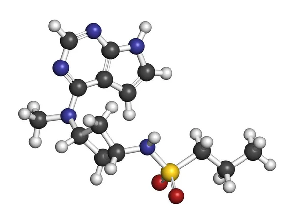 Abrocitinib特异性皮炎药物分子 Jak1抑制剂 3D渲染 原子被表示为具有常规颜色编码的球体 — 图库照片