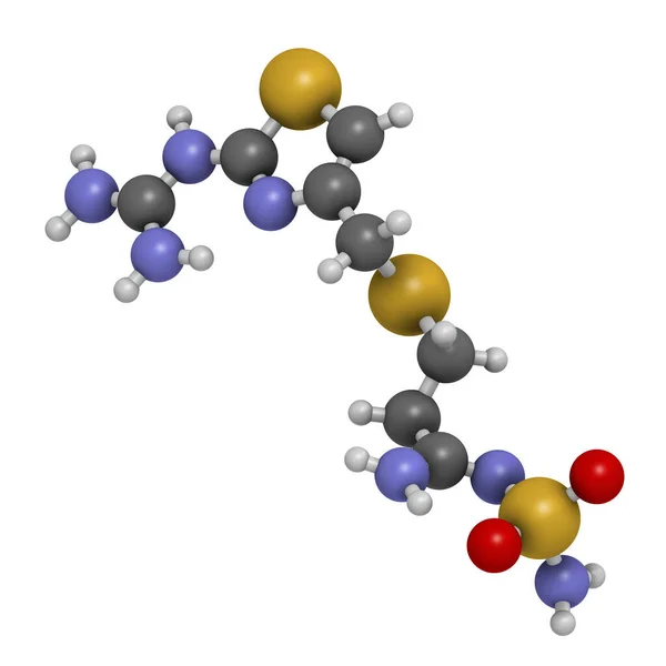 Μόριο Φαμωτιδίνης Απόδοση Άτομα Εκπροσωπούνται Σφαίρες Συμβατικό Χρωματικό Κώδικα — Φωτογραφία Αρχείου
