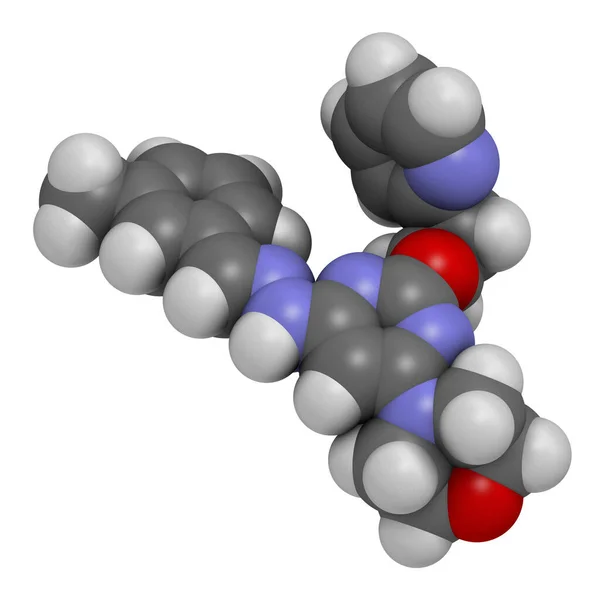 阿培利莫德药物分子 Pikfyve抑制剂 3D渲染 原子被表示为具有常规颜色编码的球体 — 图库照片