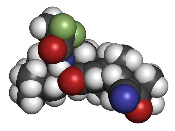 Molécula Droga Omaveloxolone Renderização Átomos São Representados Como Esferas Com — Fotografia de Stock