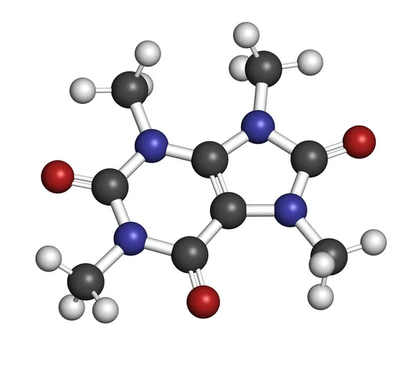 茶碱分子 果茶中存在咖啡因类似物 3D渲染 原子被表示为具有常规颜色编码的球体 — 图库照片