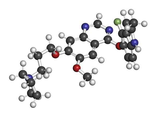 Cediranib Μόριο Αντικαρκινικού Φαρμάκου Απόδοση Άτομα Εκπροσωπούνται Σφαίρες Συμβατικό Χρωματικό — Φωτογραφία Αρχείου