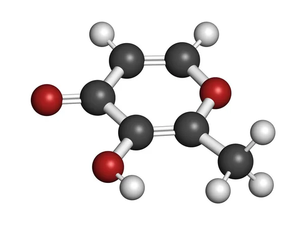Maltol食品添加剂分子 E636 3D渲染 原子被表示为具有常规颜色编码的球体 — 图库照片