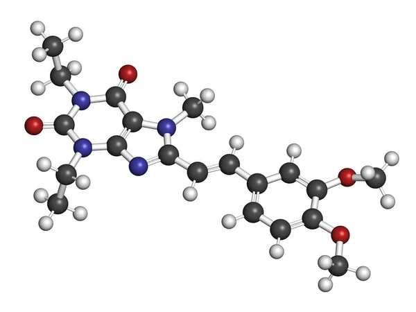 Istradefylline Parkinson Kór Gyógyszermolekula Renderelés Atomok Hagyományos Színkódolású Gömbökként Vannak — Stock Fotó