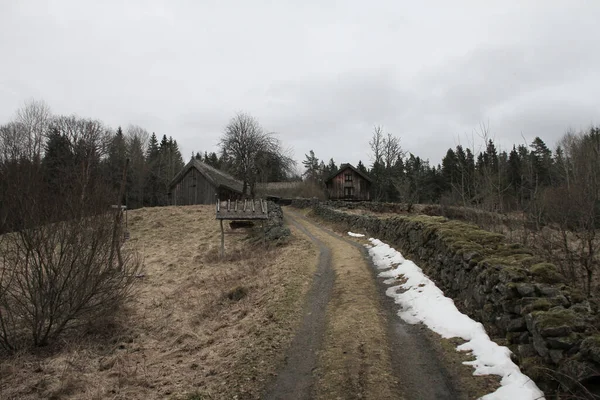 Winter Landscape Village Road Houses — ストック写真