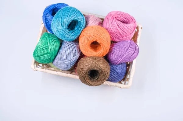 Basket Full Colorful Yarn Rolls Isolated White Background Free Space — Stock Photo, Image