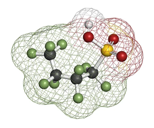 Molécula Fluorosurfactante Ácido Perfluorobutanosulfónico Representación Los Átomos Representan Como Esferas — Foto de Stock