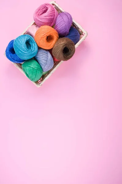 Basket Full Colorful Yarn Rolls Isolated Pink Background Free Space — Stock Photo, Image