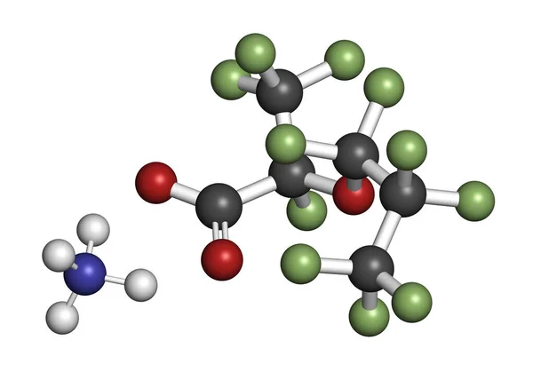 ペルフルオロ 英語版 Meyl Oxahexanoate GenxまたはFrd 902とも呼ばれる分子 3Dレンダリング 原子は従来の球面として表される — ストック写真
