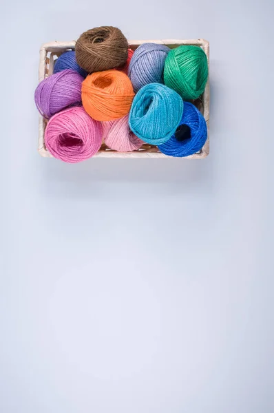 Basket Full Colorful Yarn Rolls Isolated White Background Free Space — Stock Photo, Image