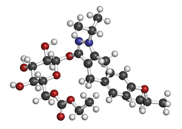 Remogliflozin Etabonate药物分子 3D渲染 原子被表示为具有常规颜色编码的球体 — 图库照片