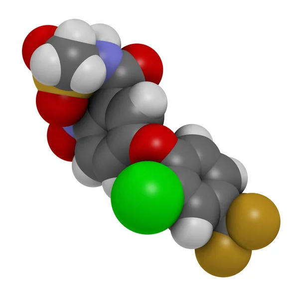 フェメサフェン除草剤分子 3Dレンダリング 原子は従来のカラーコーディングを持つ球として表されます — ストック写真