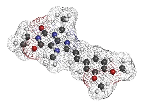 Istradefylline Parkinson Disease Drug Molecule Representación Los Átomos Representan Como —  Fotos de Stock