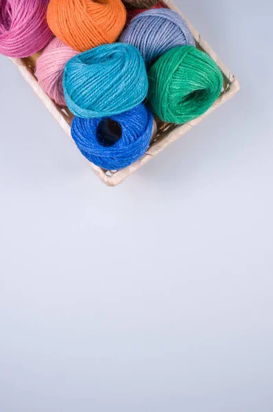 Basket Full Colorful Yarn Rolls Isolated White Background Free Space — Stock Photo, Image