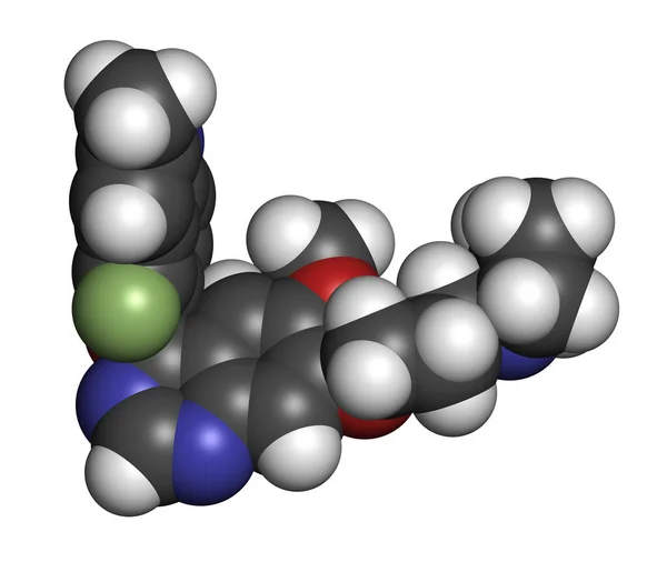 Cediranib Cancer Drog Molekyl Återgivning Atomer Representeras Som Sfärer Med — Stockfoto