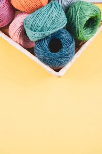 Basket Full Colorful Yarn Rolls Isolated Yellow Background Free Space — Stock Photo, Image