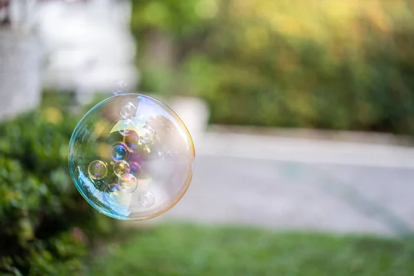 Uma Bolha Sabão Flutuante Jardim — Fotografia de Stock