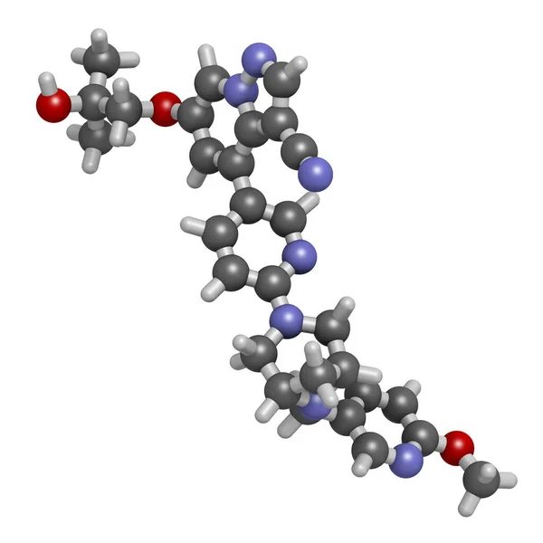 Selpercatinib癌症药物分子 3D渲染 原子被表示为具有常规颜色编码的球体 — 图库照片