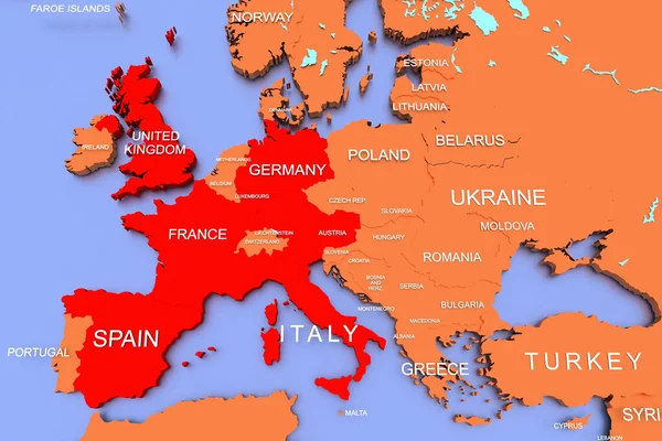 ヨーロッパ ドイツ フランス スペイン イタリア オーストリアのCovid 19ウイルスの3Dレンダリングマップ — ストック写真