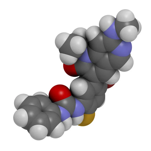 Läkemedelsmolekyl För Ripretinibcancer Återgivning Atomer Representeras Som Sfärer Med Konventionell — Stockfoto