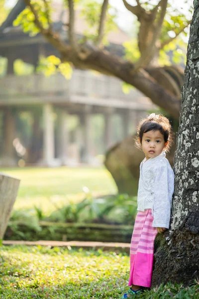 Вертикальный Снимок Милой Тайской Девушки Традиционном Платье Парке Чиангмае Таиланд — стоковое фото