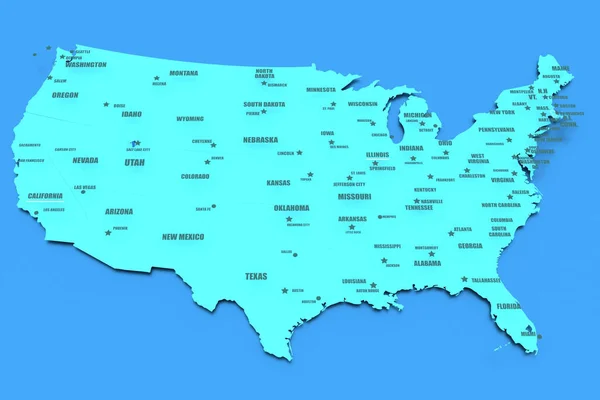 Trójwymiarowa Renderowana Mapa Usa Nazwami Stanów Renderowanie — Zdjęcie stockowe