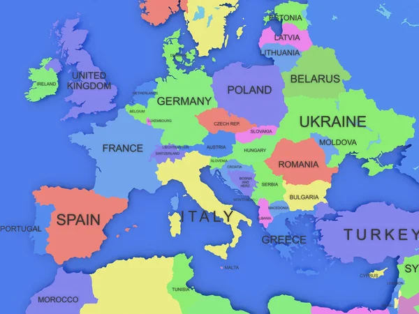 欧洲地图的3D渲染色彩艳丽 — 图库照片