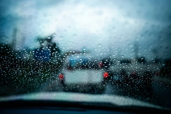 Tiro Seletivo Foco Das Gotas Chuva Winow Carro — Fotografia de Stock