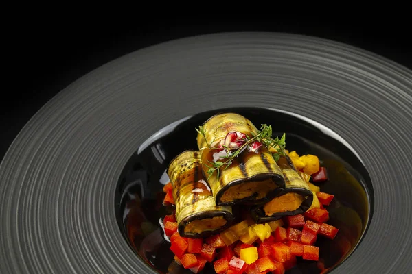 Tasty Grilled Eggplant Rolls Black Plate — Stock Photo, Image