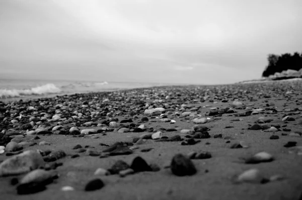 Graustufen Eines Strandes Mit Steinen Und Dem Ozean Hintergrund — Stockfoto