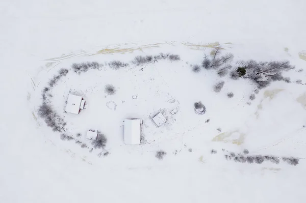 Uma Vista Aérea Casas Rurais Campo Coberto Neve Rovaniemi Lapônia — Fotografia de Stock