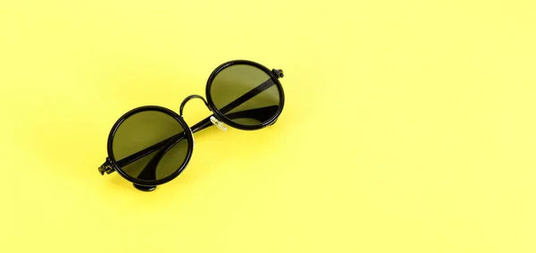 Stylish Black Sunglasses Isolated Yellow Background Summertime — Stock Photo, Image