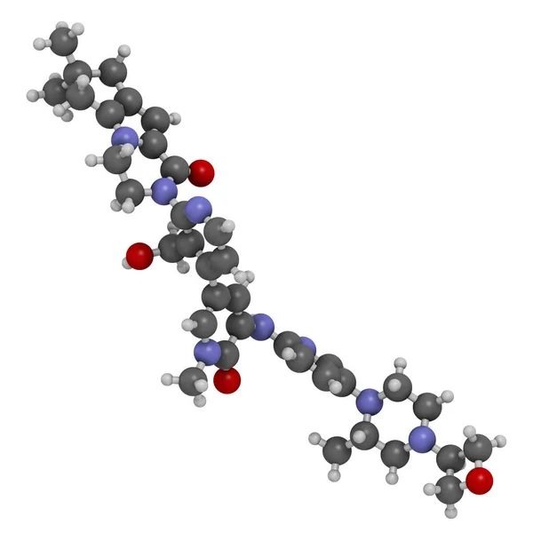 Fenebrutinib Geneesmiddelmolecuul Weergave Atomen Worden Weergegeven Als Bollen Met Conventionele — Stockfoto