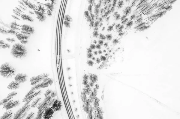 Aerial View Car Driving Snowy Forest Rovaniemi Lapland Finland — Stock Photo, Image